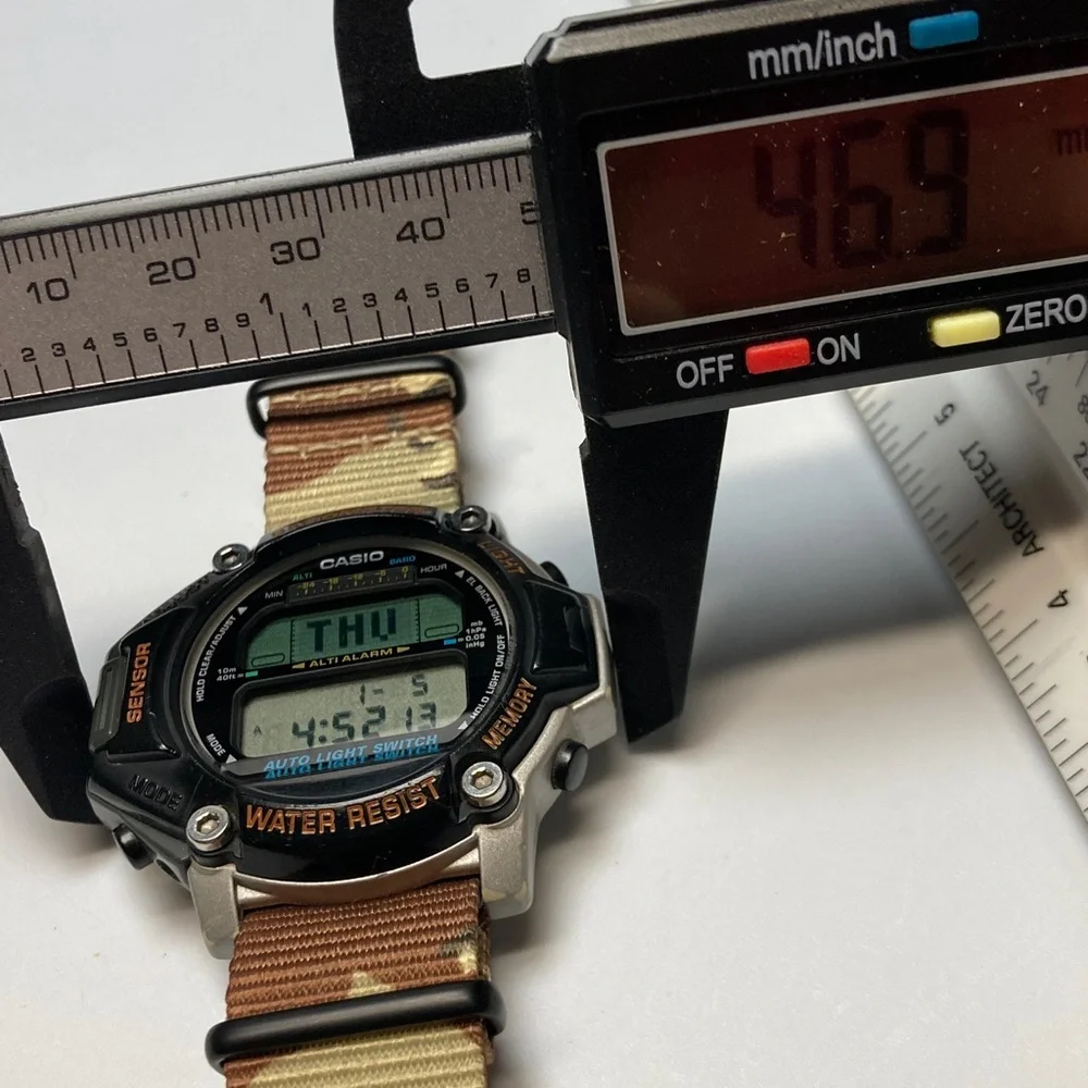 Casio PRT-20 Vintage digital watch, new battery, light works, desert camo nato